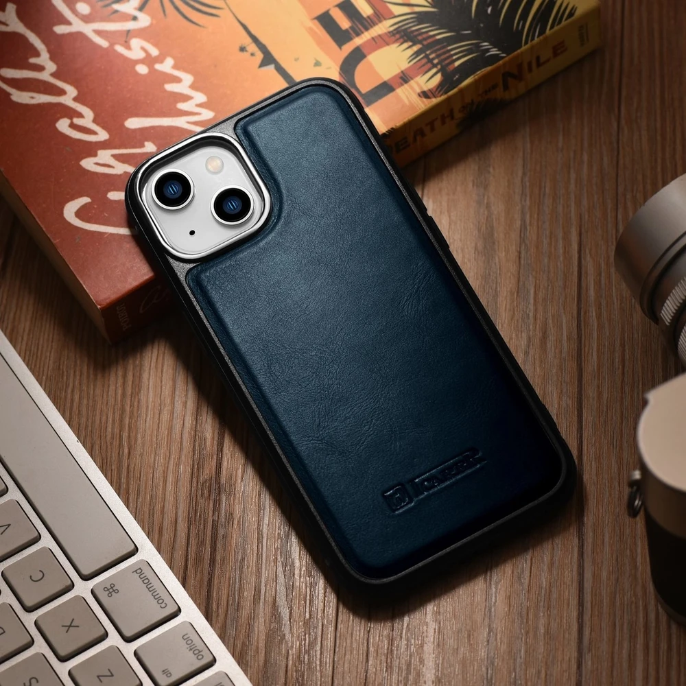 iCarer Leather Oil Wax covered with natural leather Apple iPhone 14 Plus dėklas telefonui mėlynos spalvos (WMI14220719-BU)