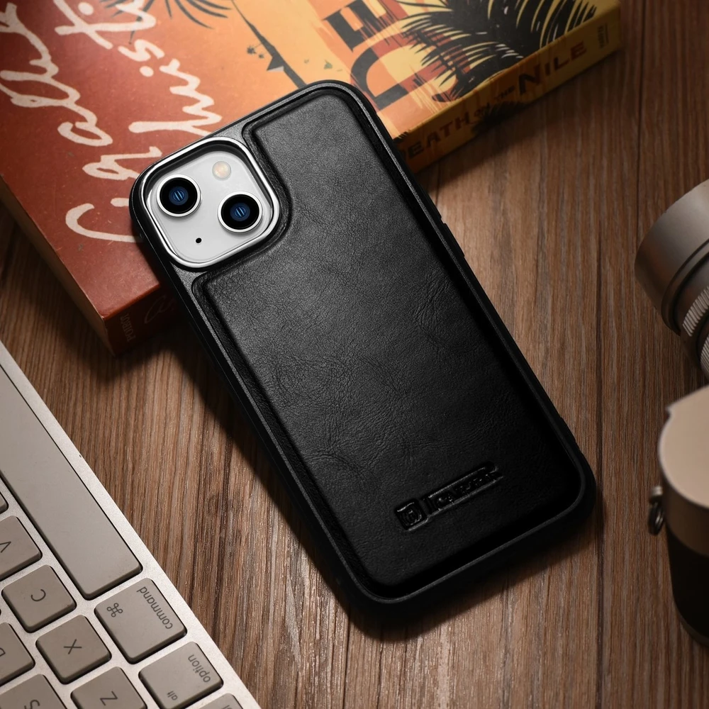 iCarer Leather Oil Wax covered with natural leather Apple iPhone 14 Plus dėklas telefonui juodos spalvos (WMI14220719-BK)