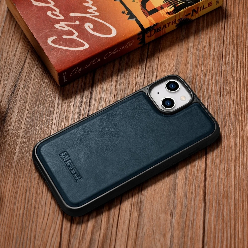 iCarer Leather Oil Wax covered with natural leather Apple iPhone 14 Plus dėklas telefonui mėlynos spalvos (WMI14220719-BU)