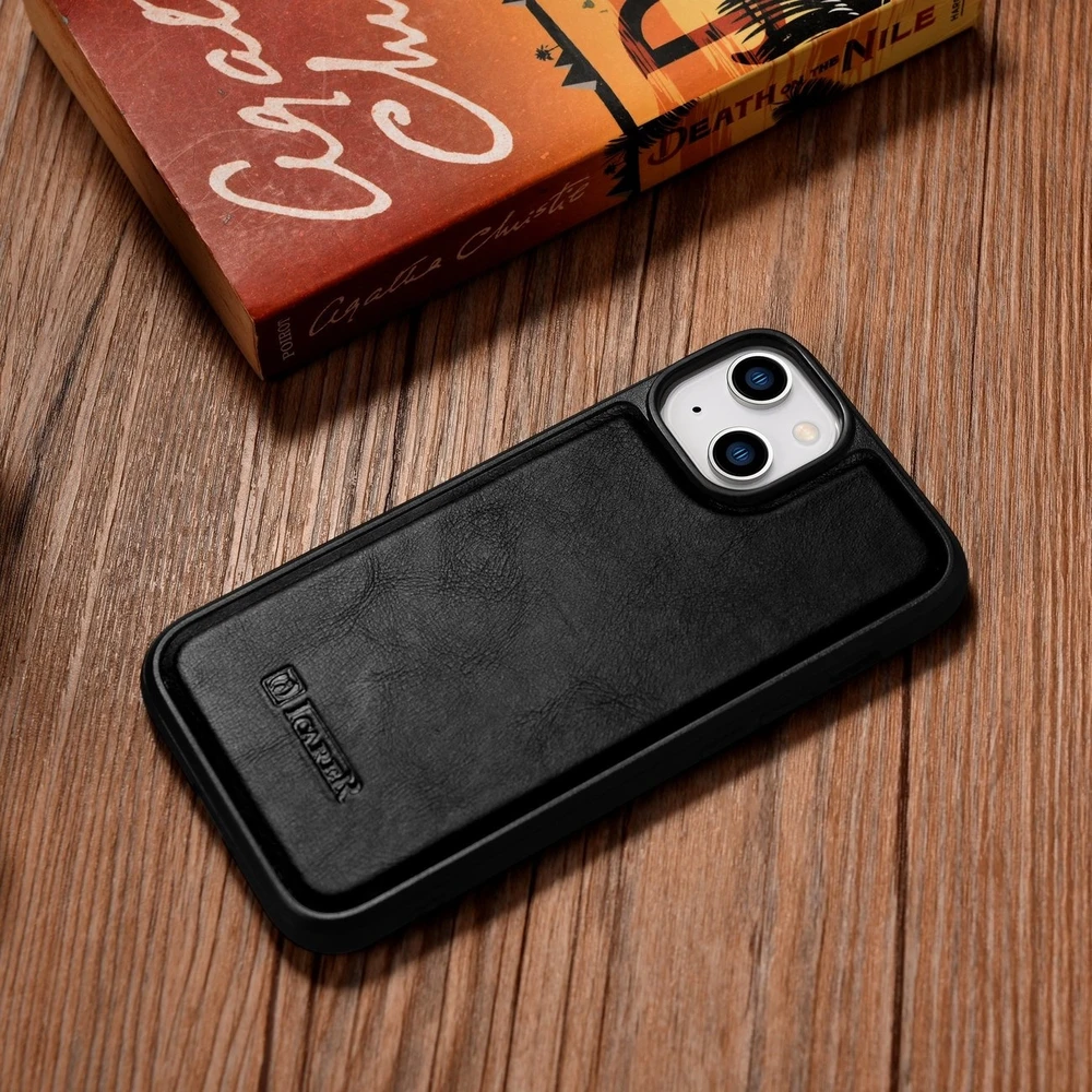 iCarer Leather Oil Wax covered with natural leather Apple iPhone 14 Plus dėklas telefonui juodos spalvos (WMI14220719-BK)