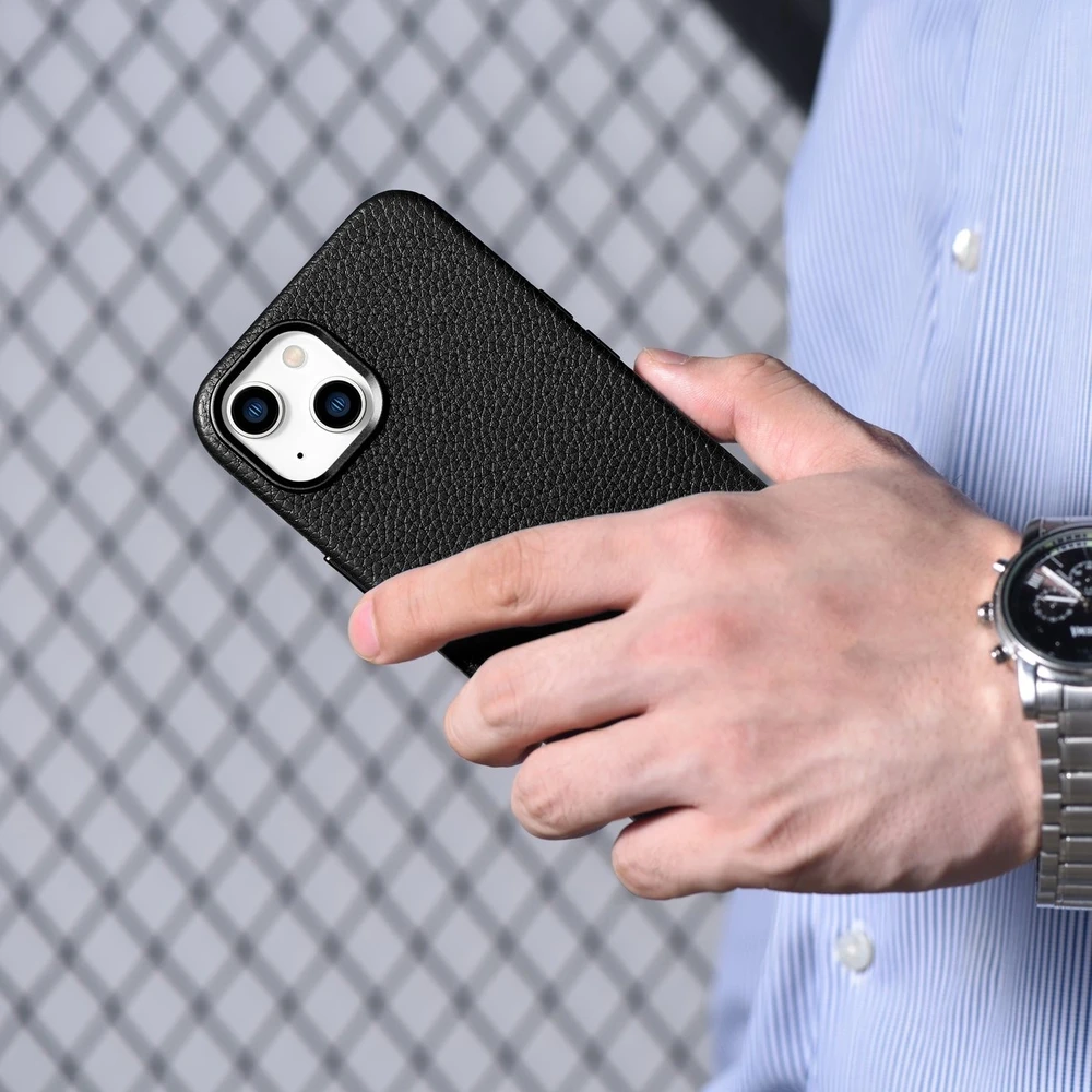 iCarer Litchi Premium Leather Apple iPhone 14 Plus Magnetic Leather with MagSafe dėklas telefonui juodos spalvos (WMI14220711-BK)