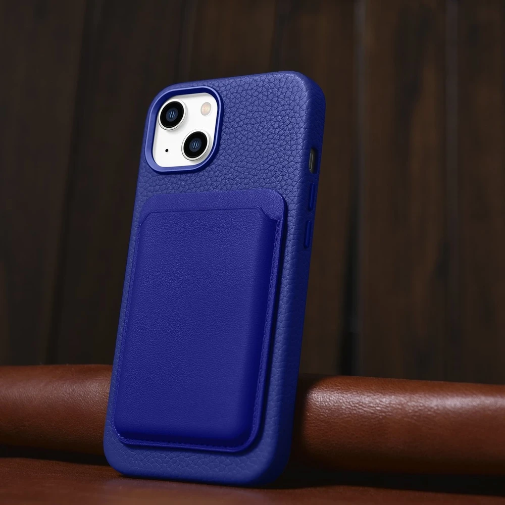 iCarer Litchi Premium Leather Apple iPhone 14 Magnetic Leather with MagSafe dėklas telefonui mėlynos spalvos (WMI14220709-DB)