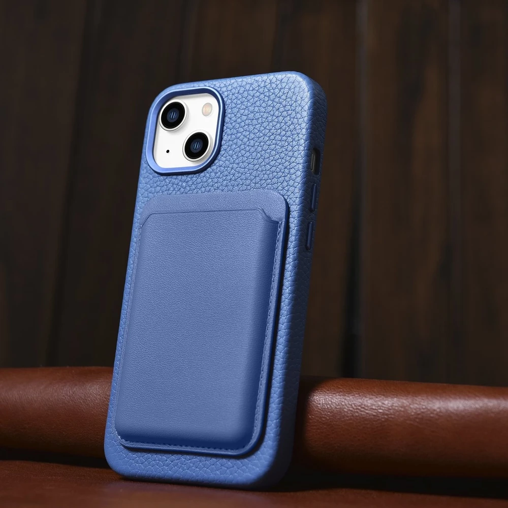 iCarer Litchi Premium Leather Apple iPhone 14 Plus Magnetic Leather with MagSafe dėklas telefonui žydros spalvos (WMI14220711-LB)