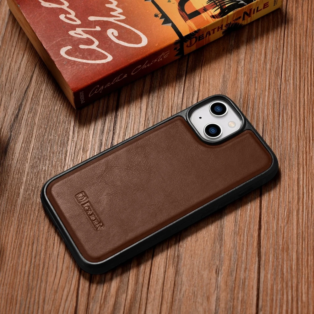 iCarer Leather Oil Wax Genuine Leather Apple iPhone 14 Plus (MagSafe Compatible) dėklas telefonui rudos spalvos (WMI14220719-BN)