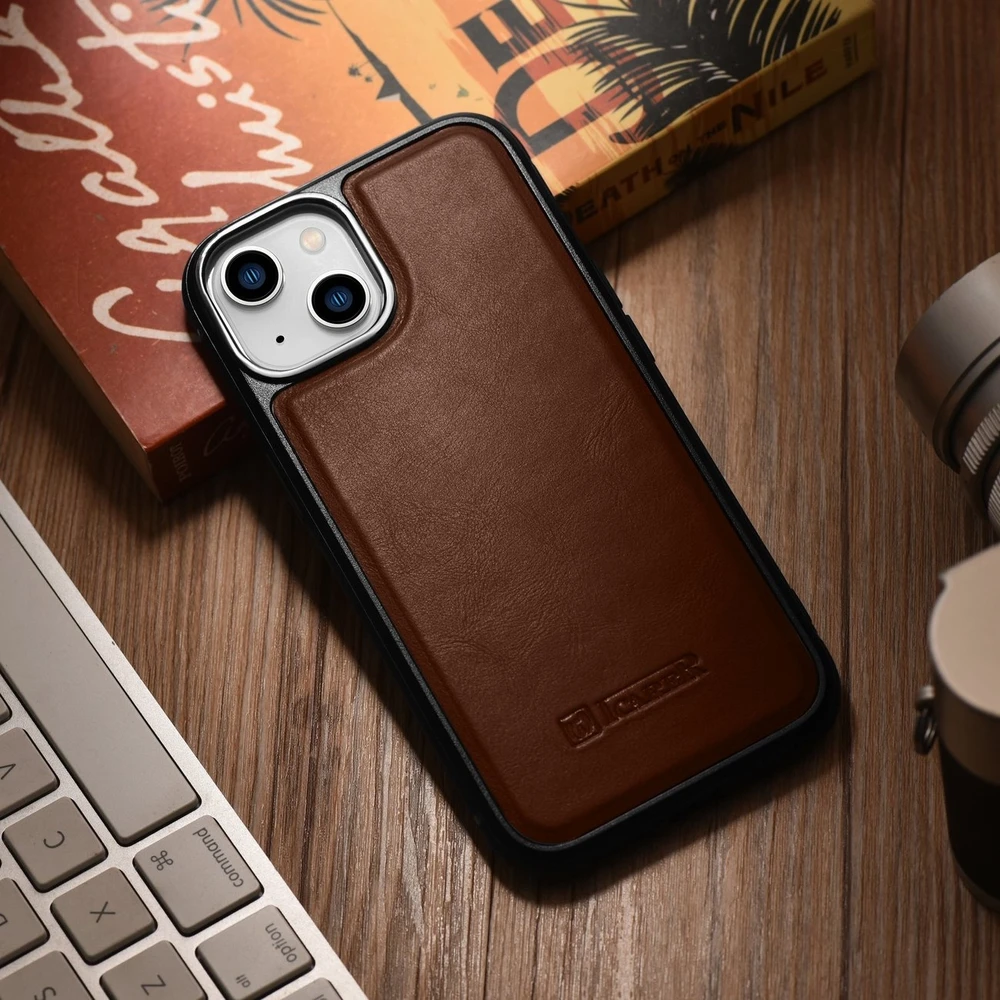 iCarer Leather Oil Wax Genuine Leather Apple iPhone 14 Plus (MagSafe Compatible) dėklas telefonui rudos spalvos (WMI14220719-BN)