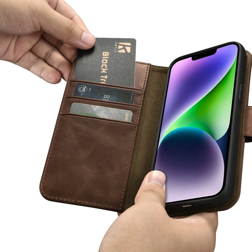 iCarer Oil Wax Wallet 2in1 Apple iPhone 14 Plus Anti-RFID Leather atverčiamas dėklas telefonui rudos spalvos (WMI14220723-BN)