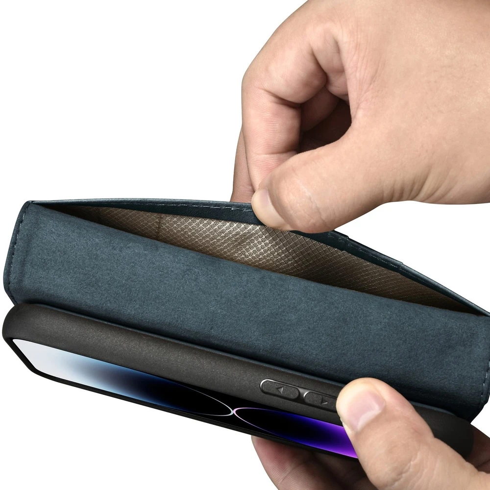iCarer Oil Wax Wallet 2in1 Apple iPhone 14 Pro Anti-RFID Leather atverčiamas dėklas telefonui mėlynos spalvos (WMI14220722-BU)