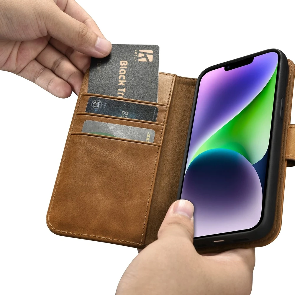 iCarer Oil Wax Wallet 2in1 Apple iPhone 14 Plus Anti-RFID Leather atverčiamas dėklas telefonui rudos spalvos (WMI14220723-TN)