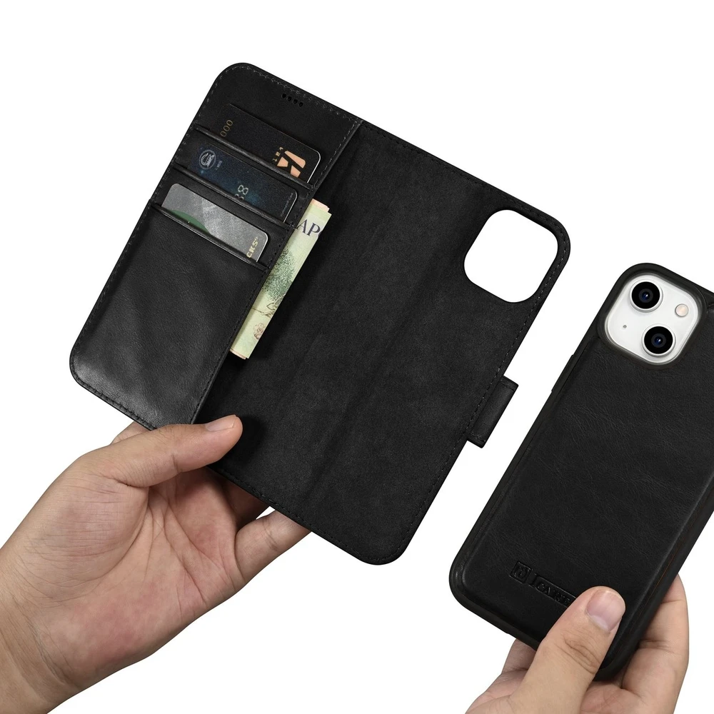 iCarer Oil Wax Wallet 2in1 Apple iPhone 14 Plus Anti-RFID Leather atverčiamas dėklas telefonui juodos spalvos (WMI14220723-BK)