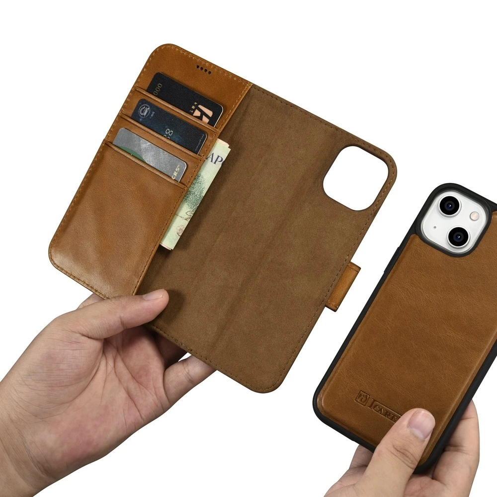 iCarer Oil Wax Wallet 2in1 Apple iPhone 14 Plus Anti-RFID Leather atverčiamas dėklas telefonui rudos spalvos (WMI14220723-TN)