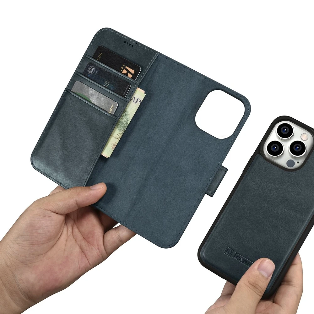 iCarer Oil Wax Wallet 2in1 Apple iPhone 14 Pro Anti-RFID Leather atverčiamas dėklas telefonui mėlynos spalvos (WMI14220722-BU)