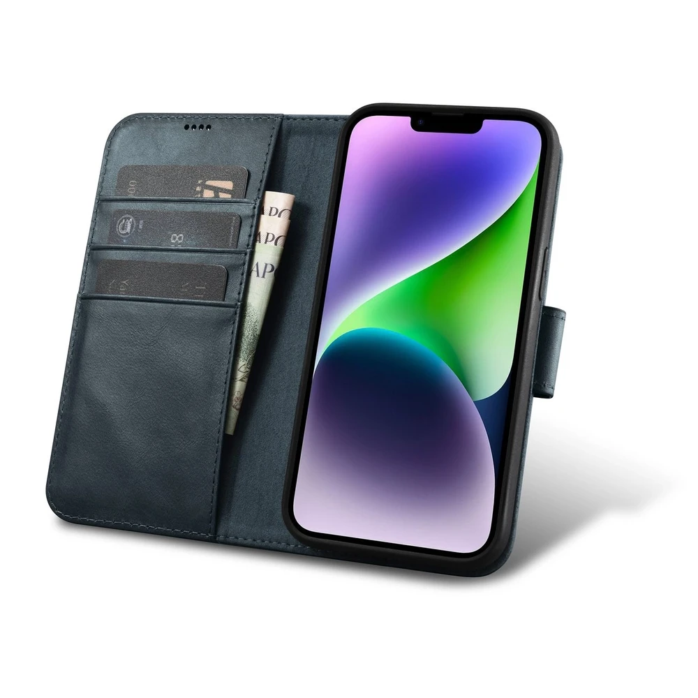 iCarer Oil Wax Wallet 2in1 Apple iPhone 14 Plus Anti-RFID Leather atverčiamas dėklas telefonui mėlynos spalvos (WMI14220723-BU)