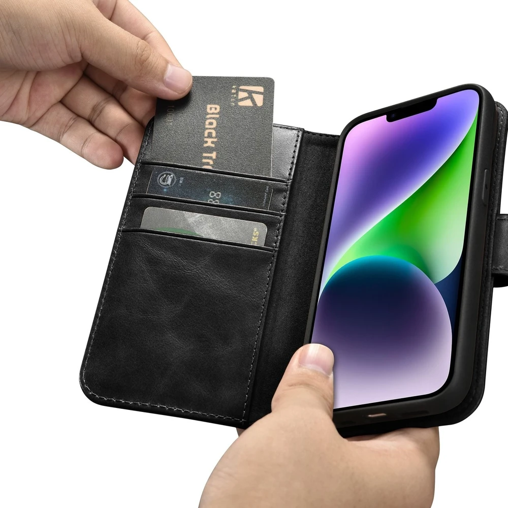 iCarer Oil Wax Wallet 2in1 Apple iPhone 14 Plus Anti-RFID Leather atverčiamas dėklas telefonui juodos spalvos (WMI14220723-BK)