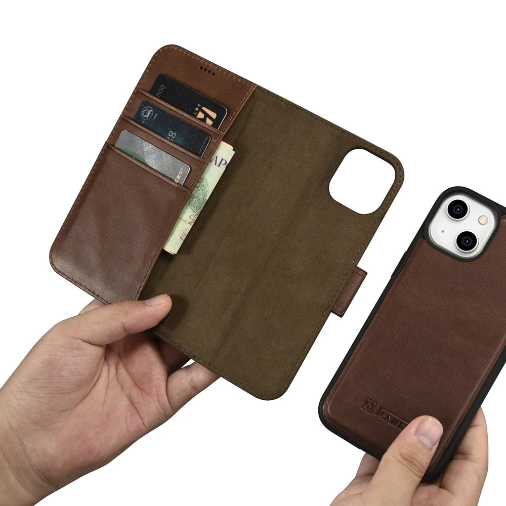iCarer Oil Wax Wallet 2in1 Apple iPhone 14 Plus Anti-RFID Leather atverčiamas dėklas telefonui rudos spalvos (WMI14220723-BN)