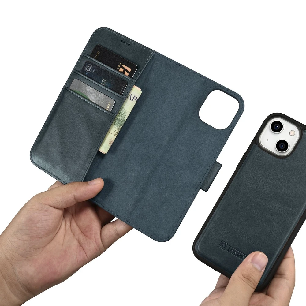 iCarer Oil Wax Wallet 2in1 Apple iPhone 14 Plus Anti-RFID Leather atverčiamas dėklas telefonui mėlynos spalvos (WMI14220723-BU)