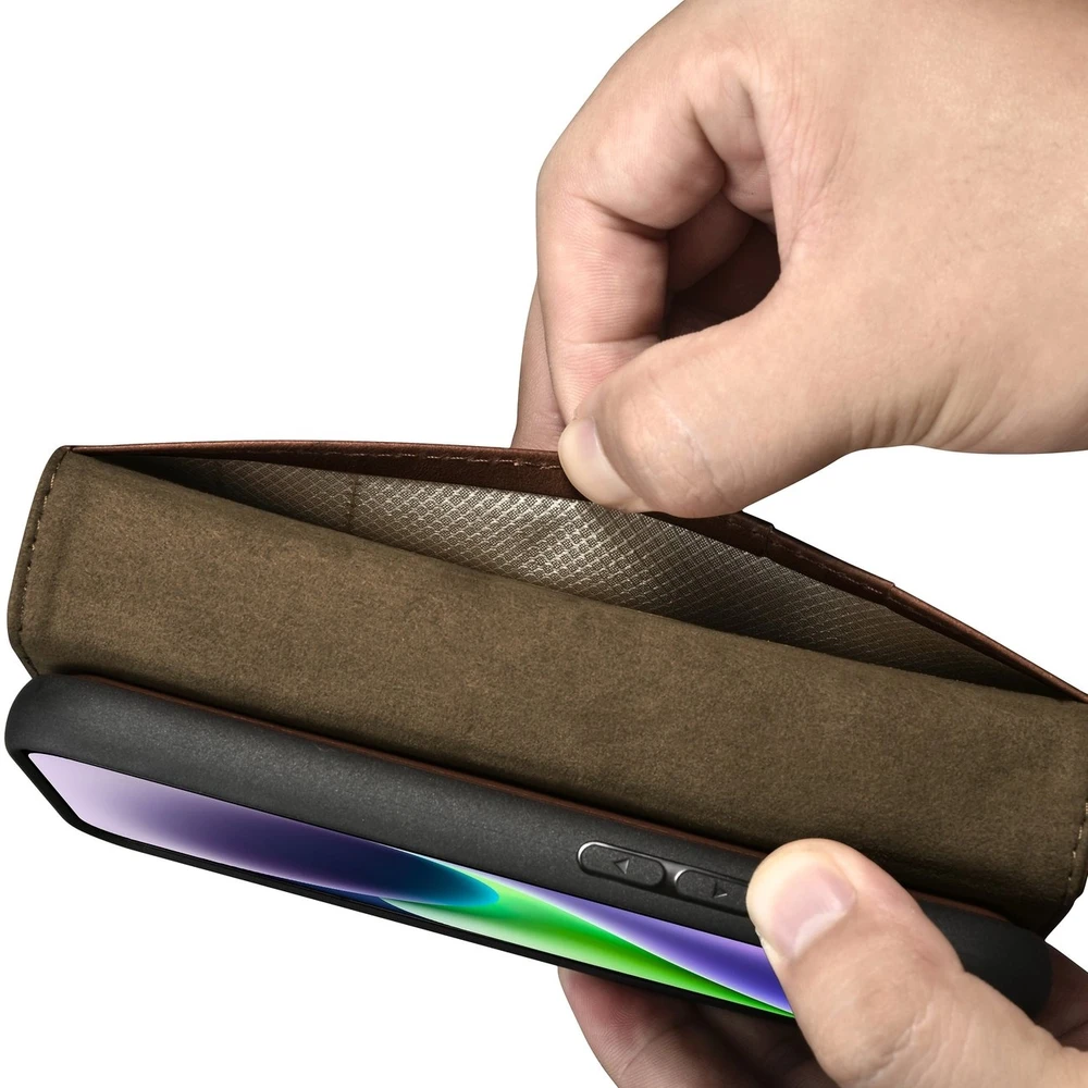 iCarer Oil Wax Wallet 2in1 Apple iPhone 14 Plus Anti-RFID Leather atverčiamas dėklas telefonui rudos spalvos (WMI14220723-BN)