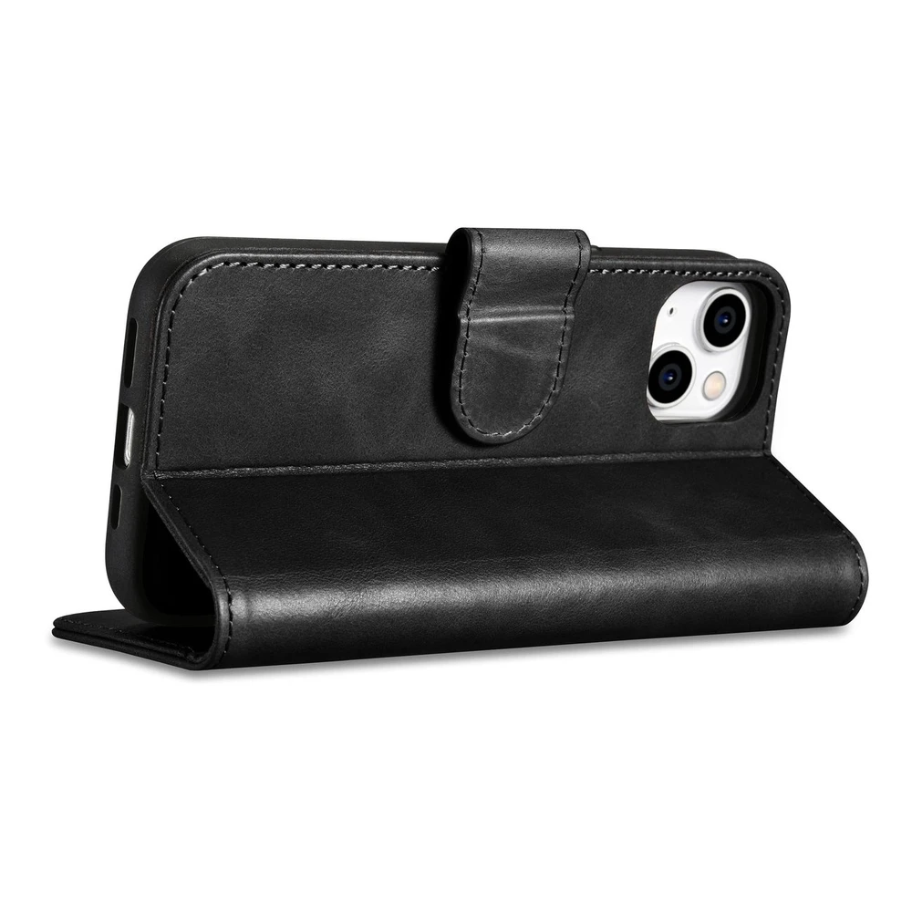 iCarer Oil Wax Wallet 2in1 Apple iPhone 14 Plus Anti-RFID Leather atverčiamas dėklas telefonui juodos spalvos (WMI14220723-BK)