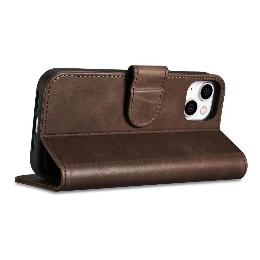 iCarer Oil Wax Wallet 2in1 Apple iPhone 14 Plus Anti-RFID Leather atverčiamas dėklas telefonui rudos spalvos (WMI14220723-BN)
