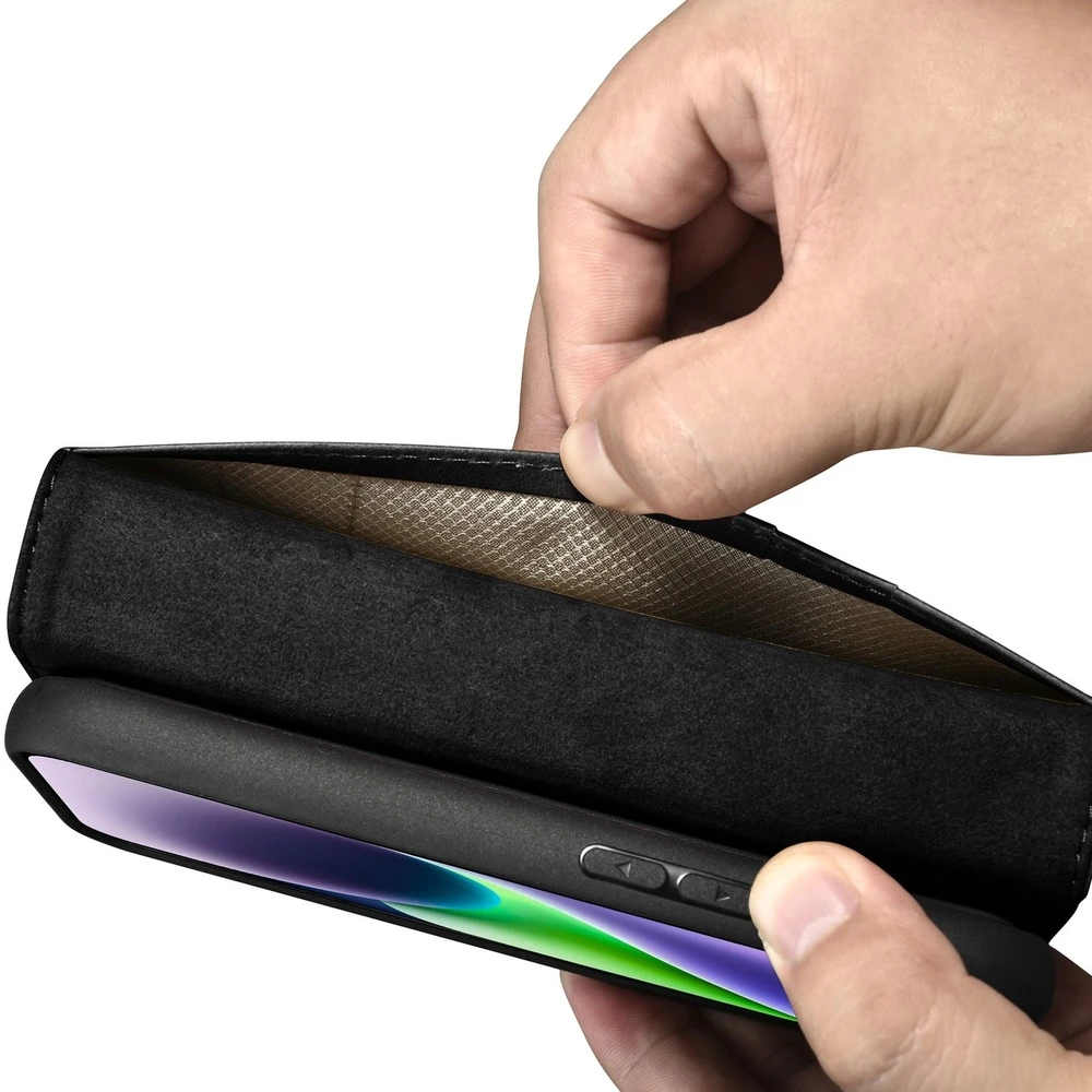 iCarer Oil Wax Wallet 2in1 Apple iPhone 14 Plus Anti-RFID Leather atverčiamas dėklas telefonui juodos spalvos (WMI14220723-BK)