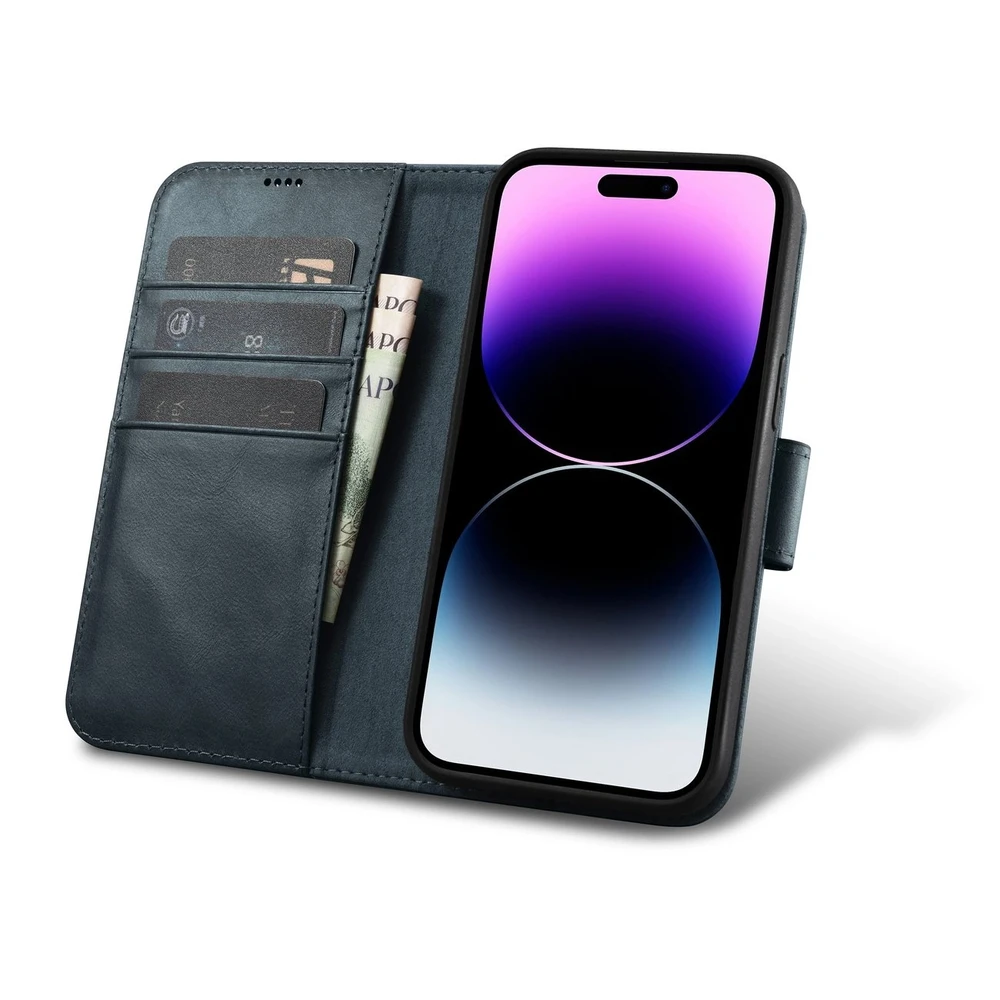 iCarer Oil Wax Wallet 2in1 Apple iPhone 14 Pro Anti-RFID Leather atverčiamas dėklas telefonui mėlynos spalvos (WMI14220722-BU)