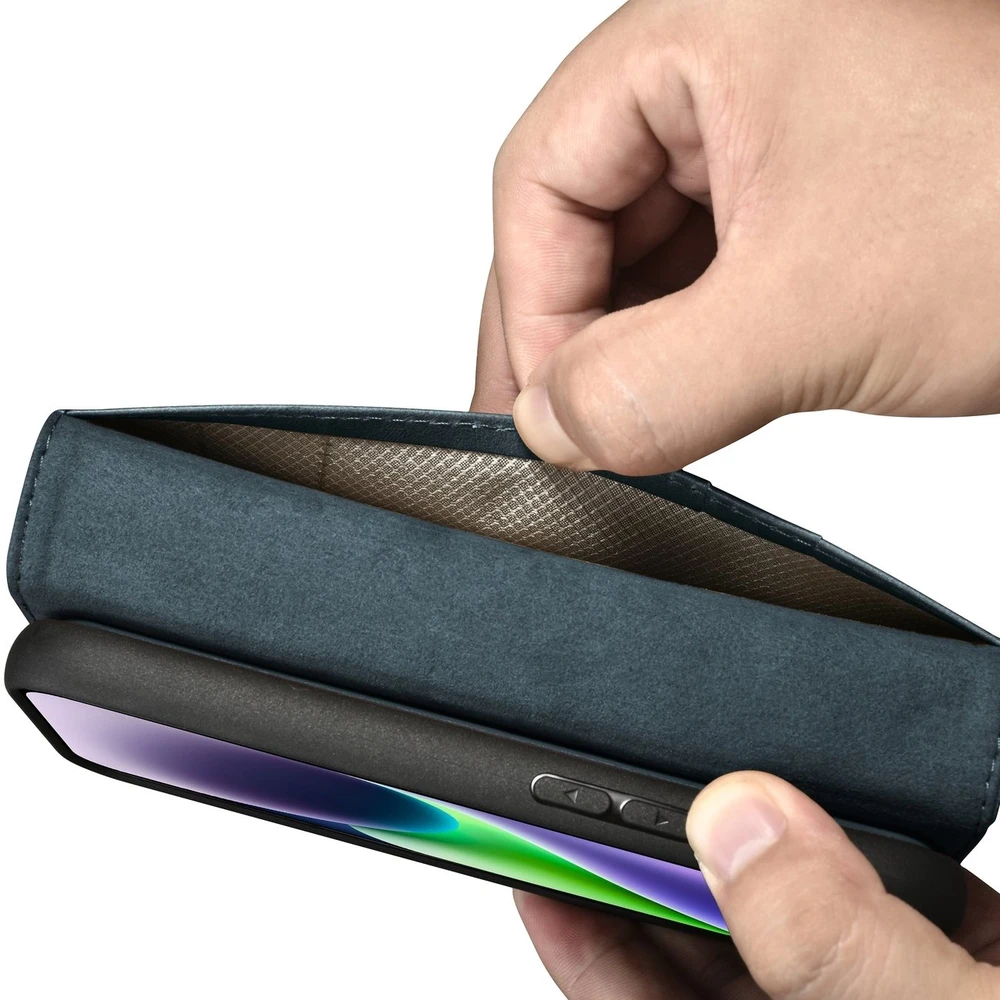 iCarer Oil Wax Wallet 2in1 Apple iPhone 14 Plus Anti-RFID Leather atverčiamas dėklas telefonui mėlynos spalvos (WMI14220723-BU)