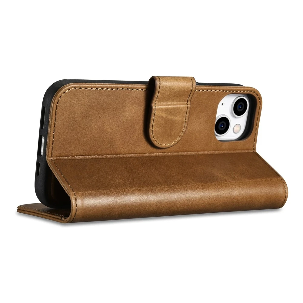 iCarer Oil Wax Wallet 2in1 Apple iPhone 14 Plus Anti-RFID Leather atverčiamas dėklas telefonui rudos spalvos (WMI14220723-TN)