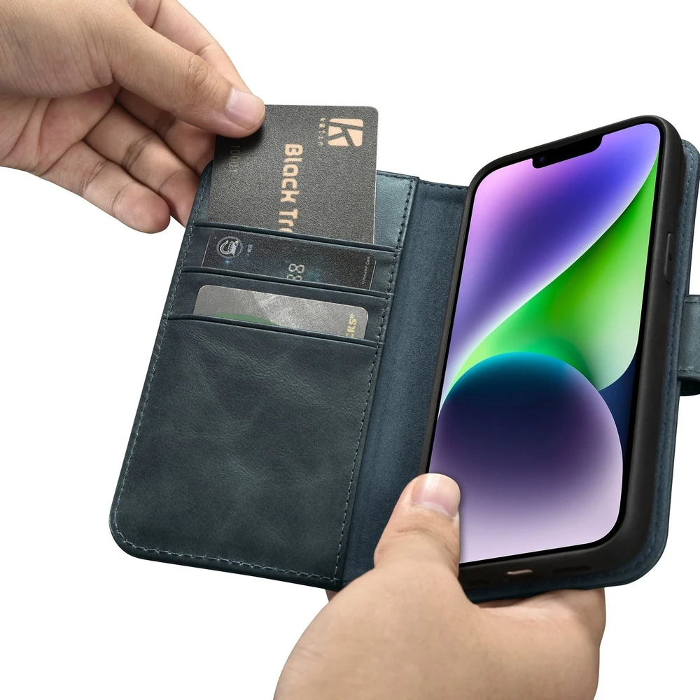 iCarer Oil Wax Wallet 2in1 Apple iPhone 14 Plus Anti-RFID Leather atverčiamas dėklas telefonui mėlynos spalvos (WMI14220723-BU)