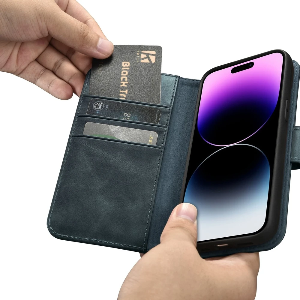 iCarer Oil Wax Wallet 2in1 Apple iPhone 14 Pro Anti-RFID Leather atverčiamas dėklas telefonui mėlynos spalvos (WMI14220722-BU)