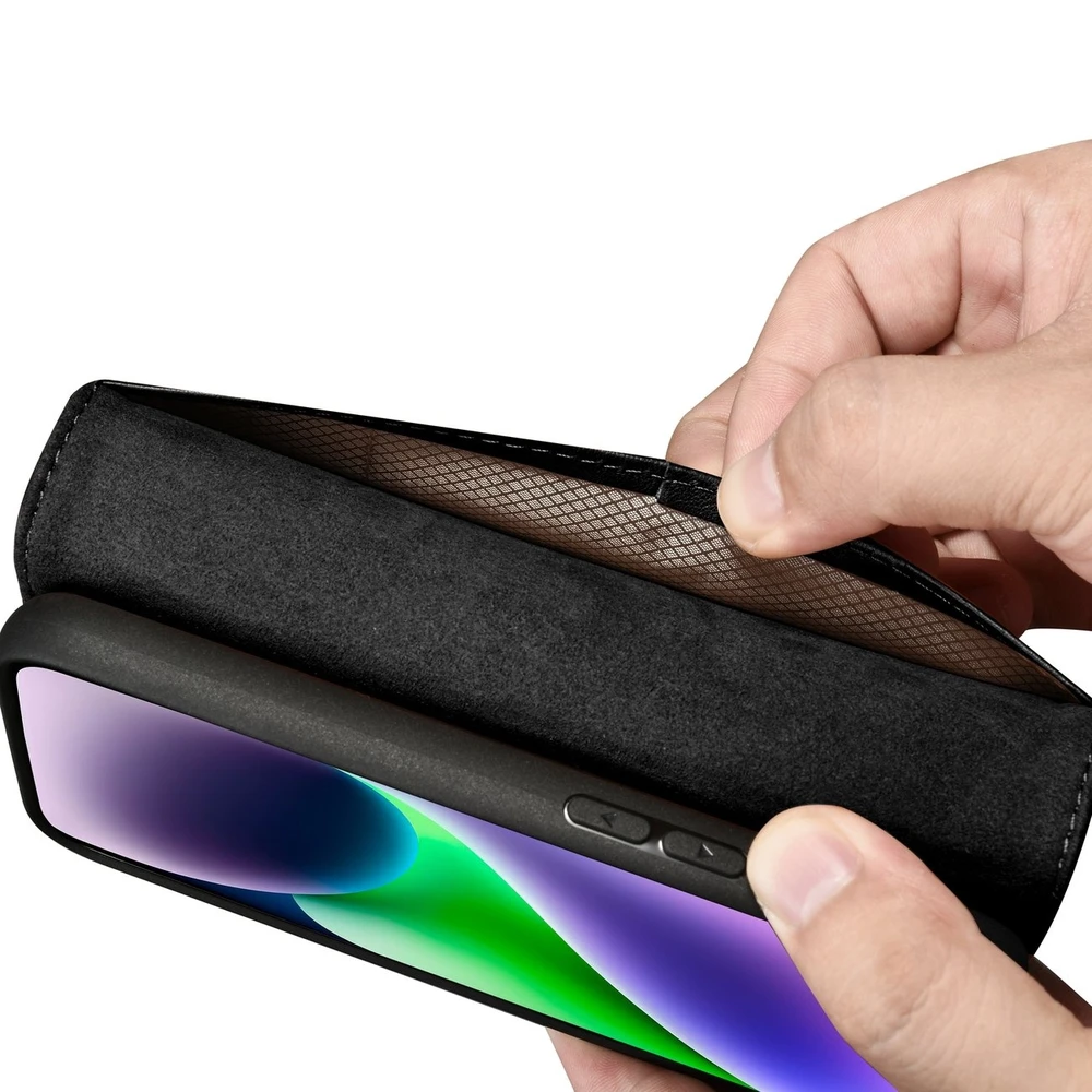 iCarer Wallet 2in1 Apple iPhone 14 Plus Anti-RFID Leather atverčiamas dėklas telefonui juodos spalvos (WMI14220727-BK)