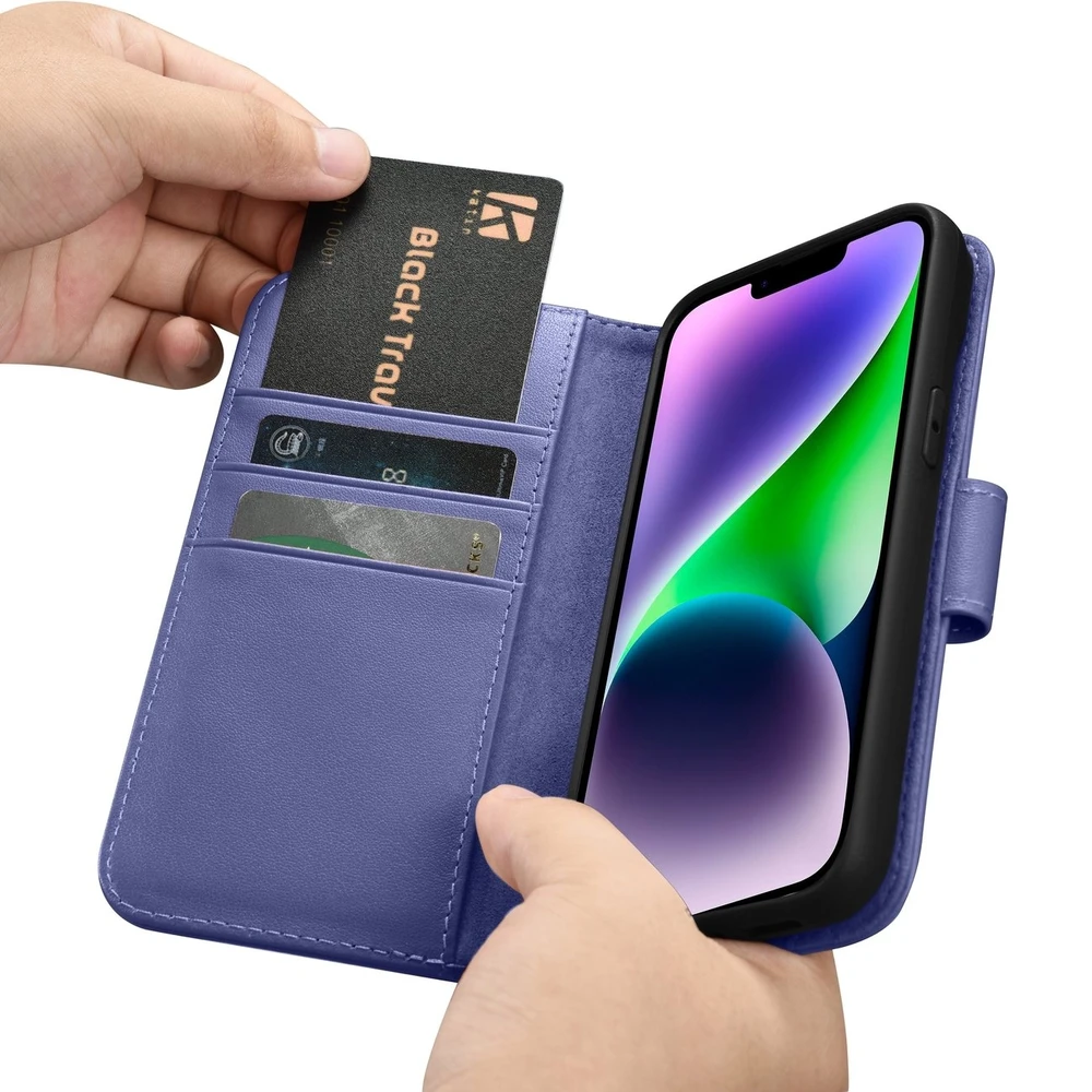 iCarer Wallet 2in1 Apple iPhone 14 Plus Anti-RFID Leather atverčiamas Light dėklas telefonui violetinės spalvos (WMI14220727-LP)