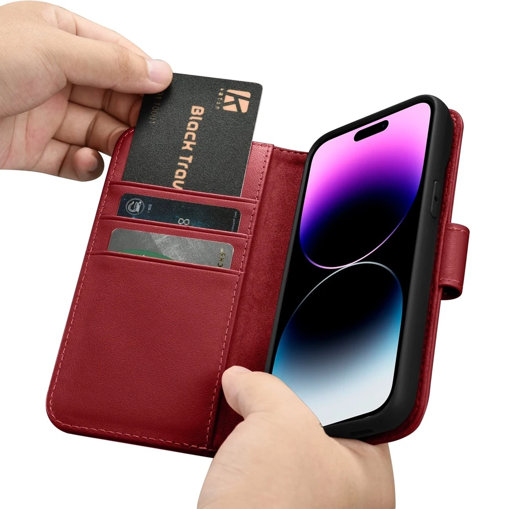 iCarer Wallet 2in1 Apple iPhone 14 Pro Max Leather atverčiamas Anti-RFID dėklas telefonui raudonos spalvos (WMI14220728-RD)