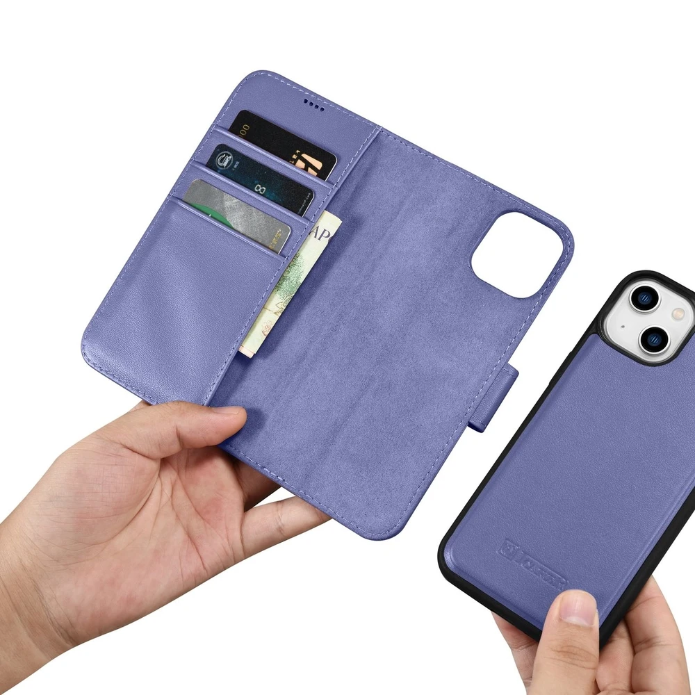 iCarer Wallet 2in1 Apple iPhone 14 Plus Anti-RFID Leather atverčiamas Light dėklas telefonui violetinės spalvos (WMI14220727-LP)