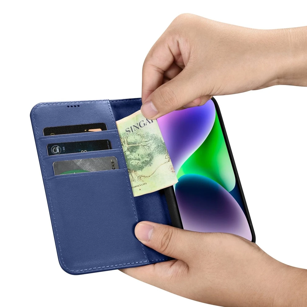 iCarer Wallet 2in1 Apple iPhone 14 Plus Anti-RFID Leather atverčiamas dėklas telefonui mėlynos spalvos (WMI14220727-BU)