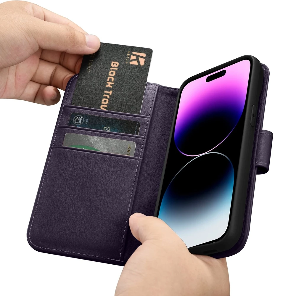 iCarer Wallet 2in1 Apple iPhone 14 Pro Anti-RFID Leather atverčiamas dėklas telefonui violetinės spalvos (WMI14220726-DP)