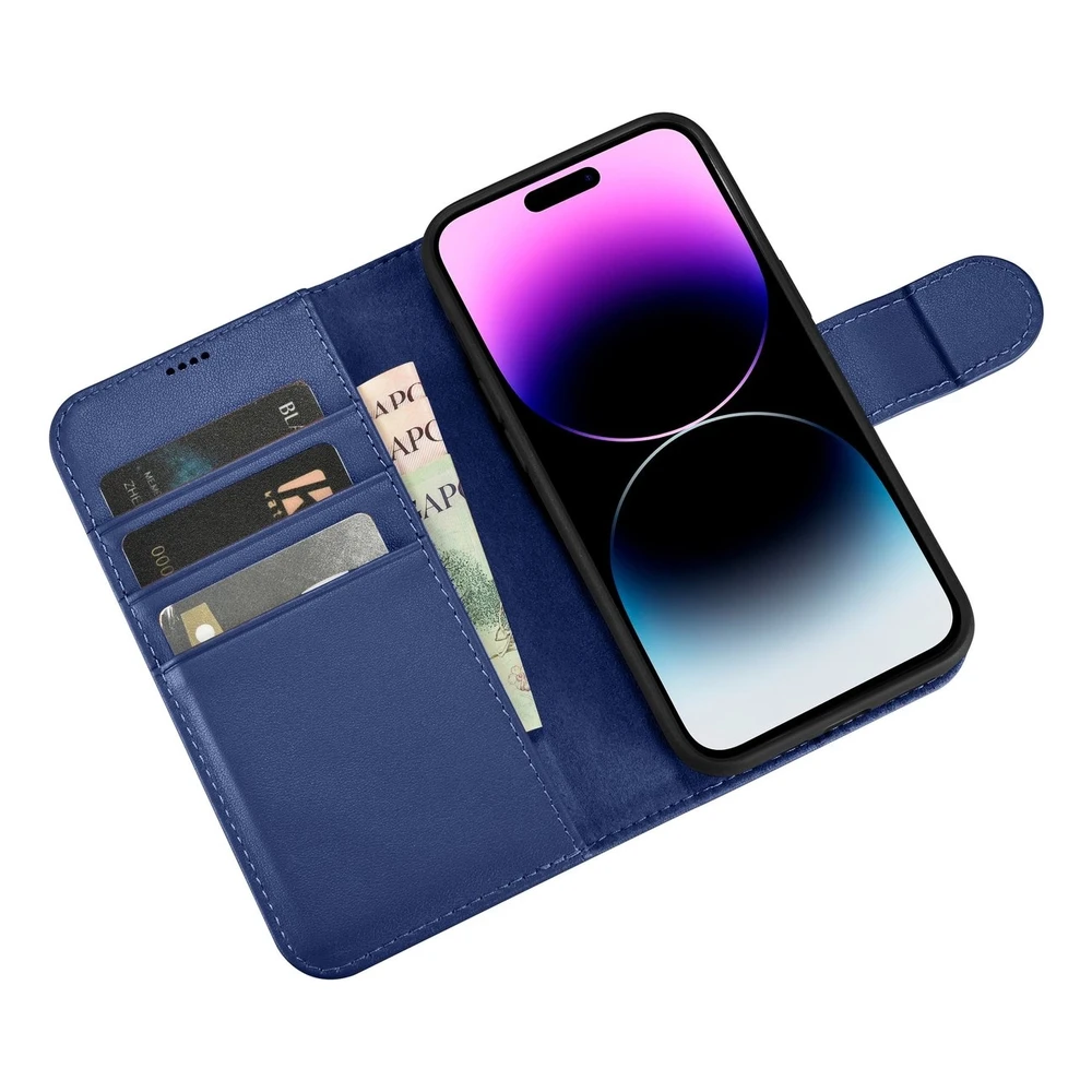 iCarer Wallet 2in1 Apple iPhone 14 Pro Max Leather atverčiamas Anti-RFID dėklas telefonui mėlynos spalvos (WMI14220728-BU)