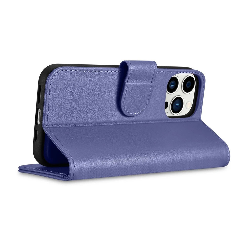 iCarer Wallet 2in1 Apple iPhone 14 Pro Anti-RFID Leather atverčiamas Light dėklas telefonui violetinės spalvos (WMI14220726-LP)