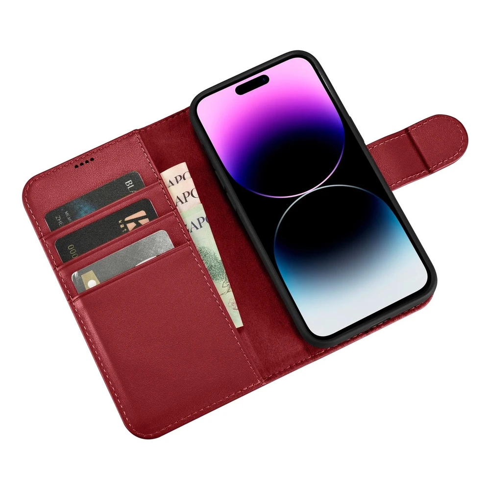 iCarer Wallet 2in1 Apple iPhone 14 Pro Max Leather atverčiamas Anti-RFID dėklas telefonui raudonos spalvos (WMI14220728-RD)