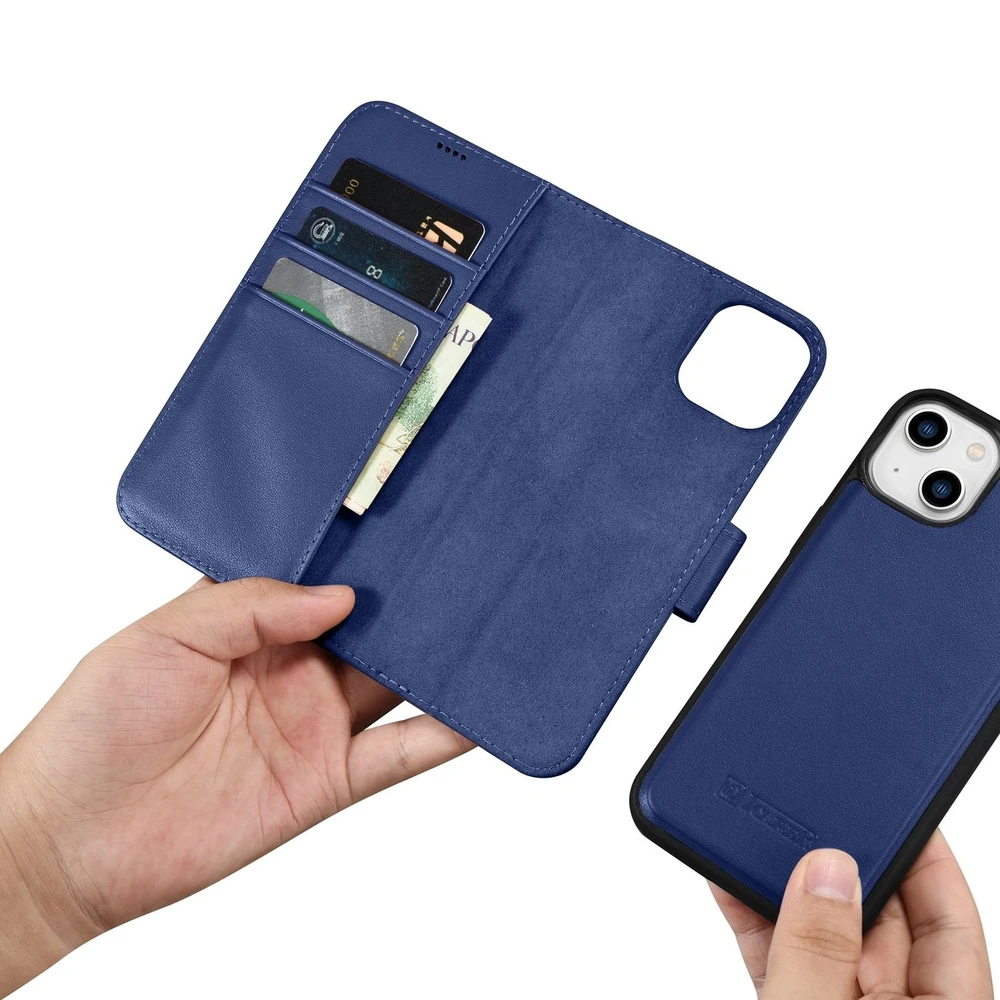 iCarer Wallet 2in1 Apple iPhone 14 Plus Anti-RFID Leather atverčiamas dėklas telefonui mėlynos spalvos (WMI14220727-BU)