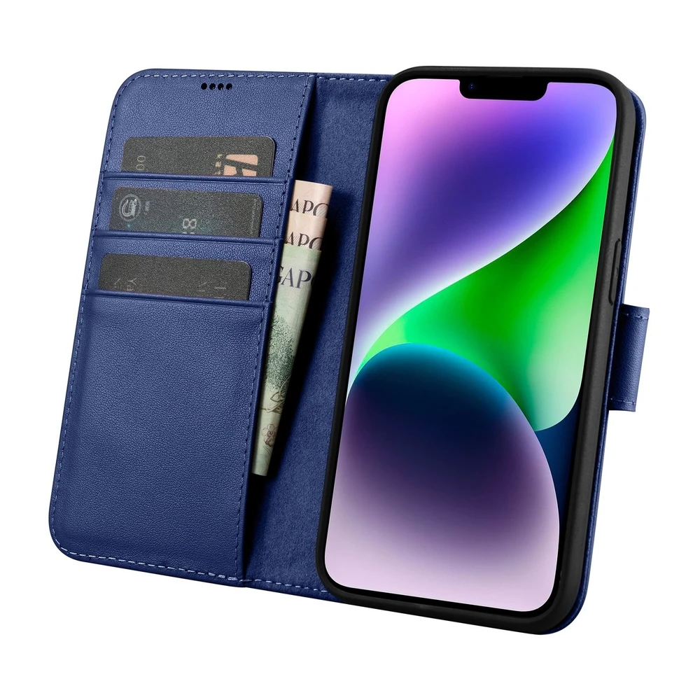iCarer Wallet 2in1 Apple iPhone 14 Plus Anti-RFID Leather atverčiamas dėklas telefonui mėlynos spalvos (WMI14220727-BU)