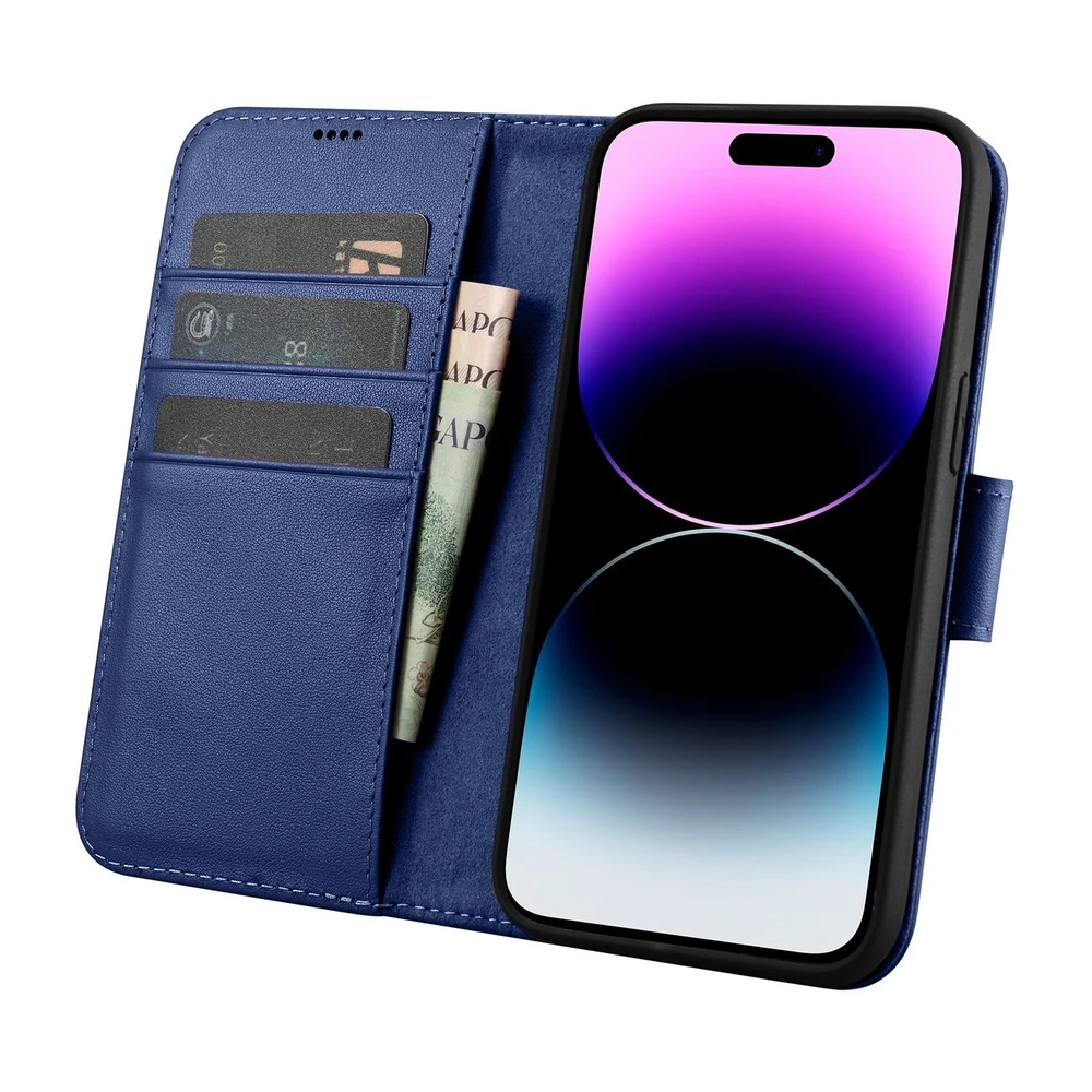 iCarer Wallet 2in1 Apple iPhone 14 Pro Max Leather atverčiamas Anti-RFID dėklas telefonui mėlynos spalvos (WMI14220728-BU)