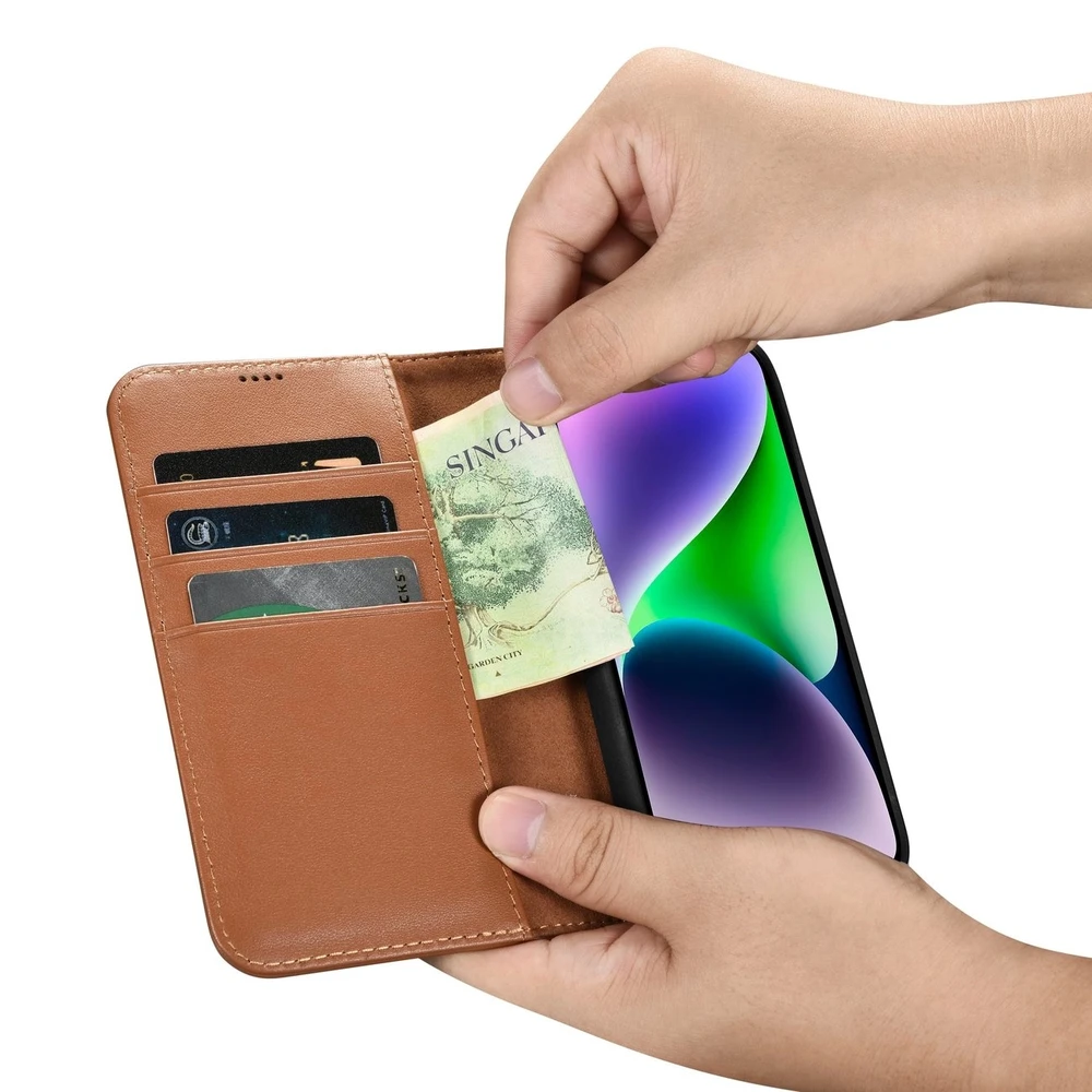 iCarer Wallet 2in1 Apple iPhone 14 Plus Anti-RFID Leather atverčiamas dėklas telefonui rudos spalvos (WMI14220727-BN)