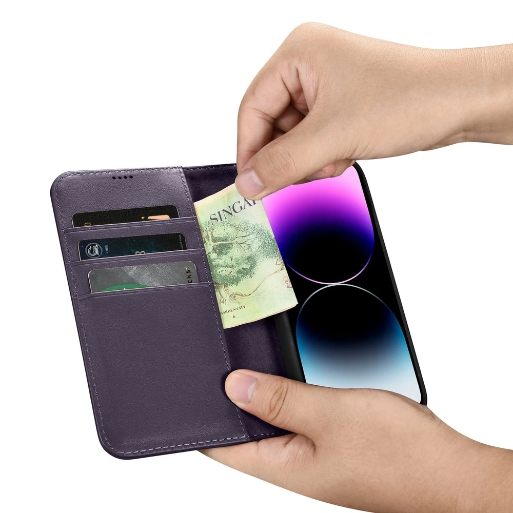 iCarer Wallet 2in1 Apple iPhone 14 Pro Anti-RFID Leather atverčiamas dėklas telefonui violetinės spalvos (WMI14220726-DP)