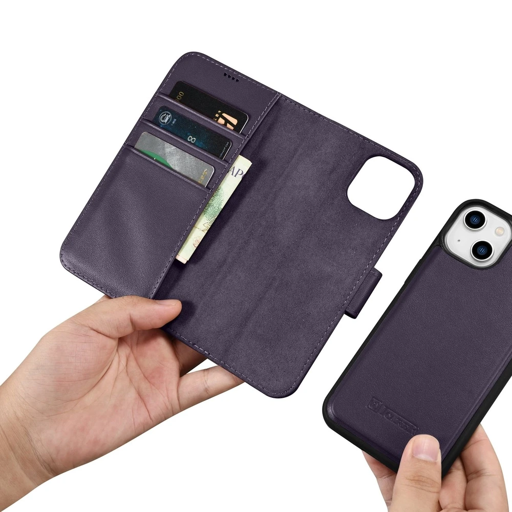 iCarer Wallet 2in1 Apple iPhone 14 Plus Anti-RFID Leather atverčiamas Dark dėklas telefonui violetinės spalvos (WMI14220727-DP)
