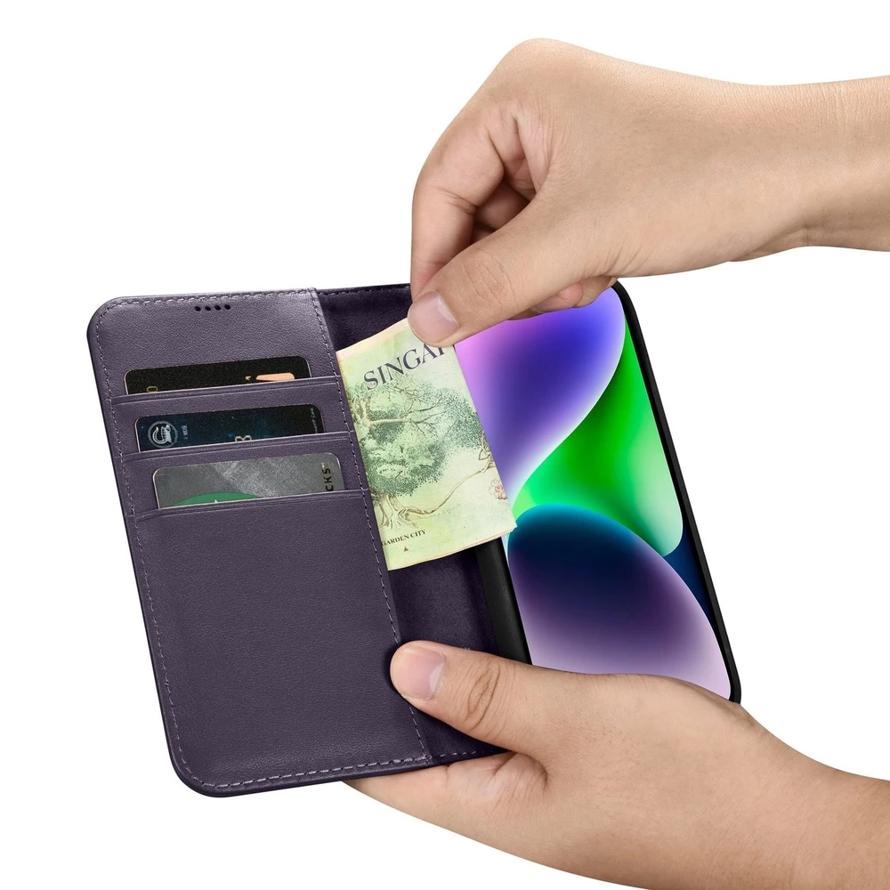 iCarer Wallet 2in1 Apple iPhone 14 Plus Anti-RFID Leather atverčiamas Dark dėklas telefonui violetinės spalvos (WMI14220727-DP)