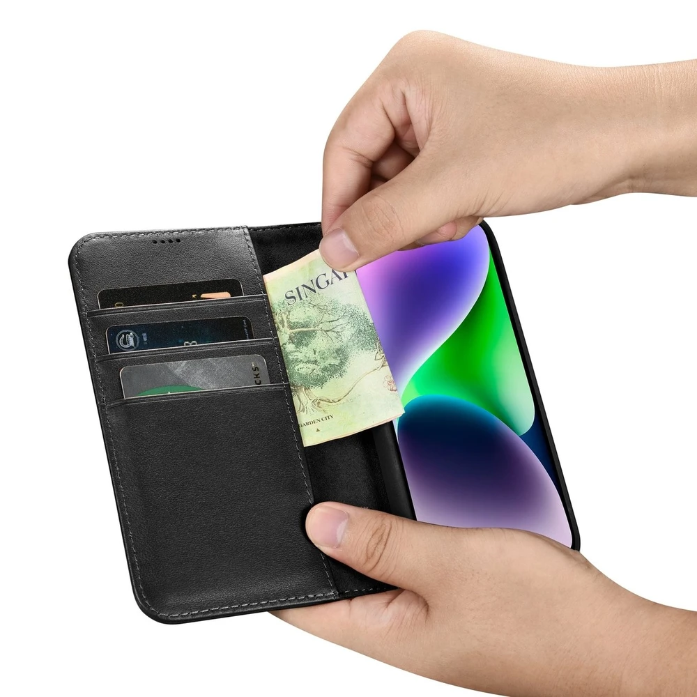iCarer Wallet 2in1 Apple iPhone 14 Plus Anti-RFID Leather atverčiamas dėklas telefonui juodos spalvos (WMI14220727-BK)