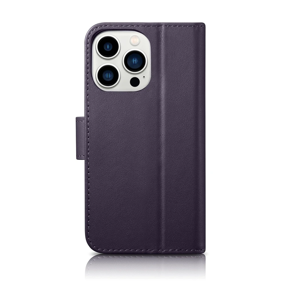 iCarer Wallet 2in1 Apple iPhone 14 Pro Anti-RFID Leather atverčiamas dėklas telefonui violetinės spalvos (WMI14220726-DP)