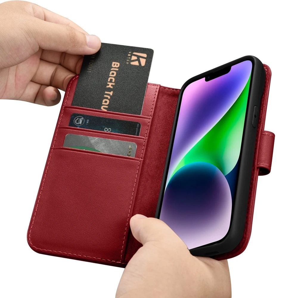 iCarer Wallet 2in1 Apple iPhone 14 Plus Anti-RFID Leather atverčiamas dėklas telefonui raudonos spalvos (WMI14220727-RD)
