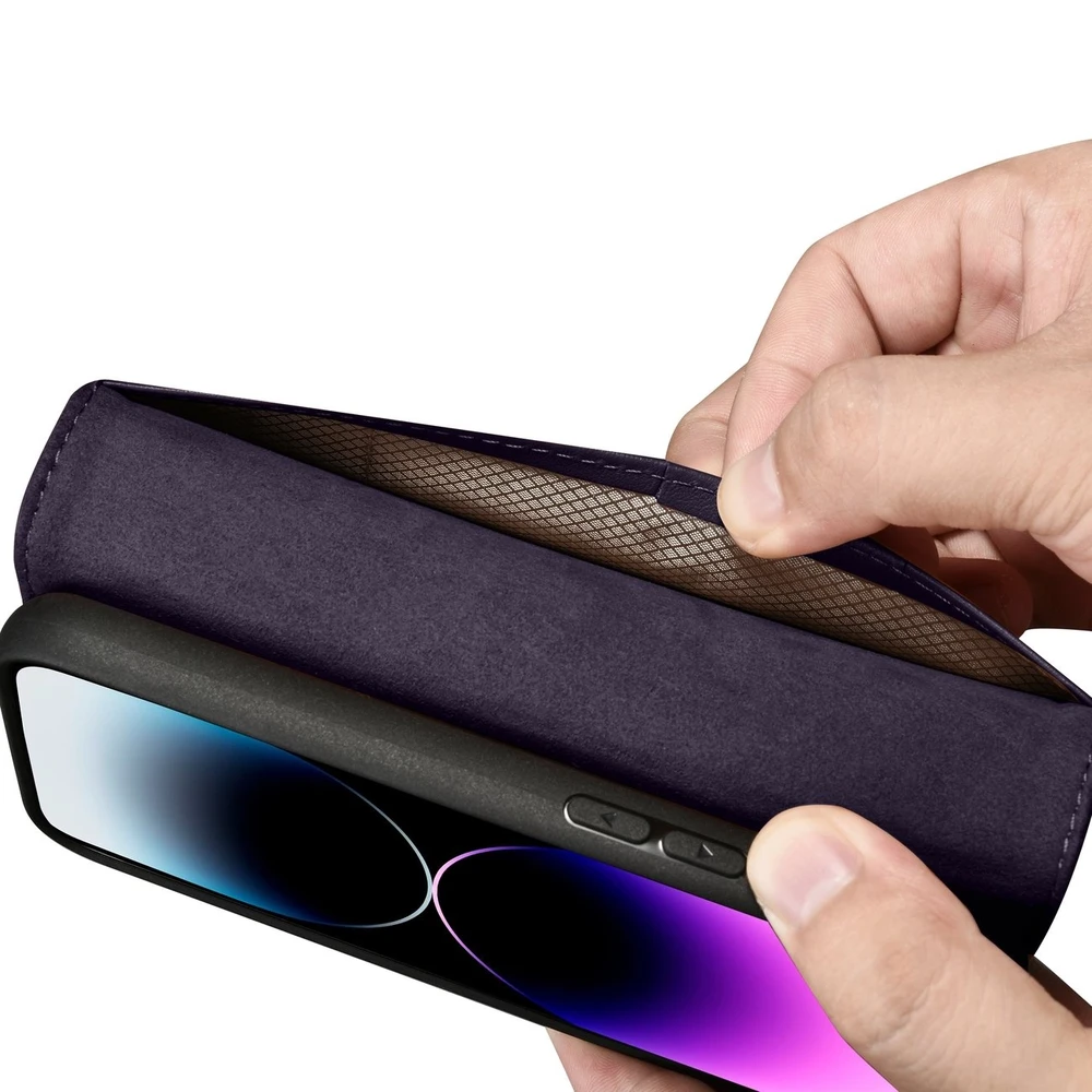 iCarer Wallet 2in1 Apple iPhone 14 Pro Anti-RFID Leather atverčiamas dėklas telefonui violetinės spalvos (WMI14220726-DP)