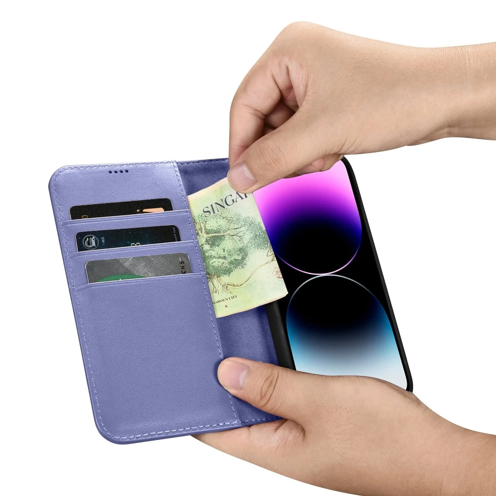 iCarer Wallet 2in1 Apple iPhone 14 Pro Max Leather atverčiamas Cover Anti-RFID Light dėklas telefonui violetinės spalvos (WMI14220728-LP)