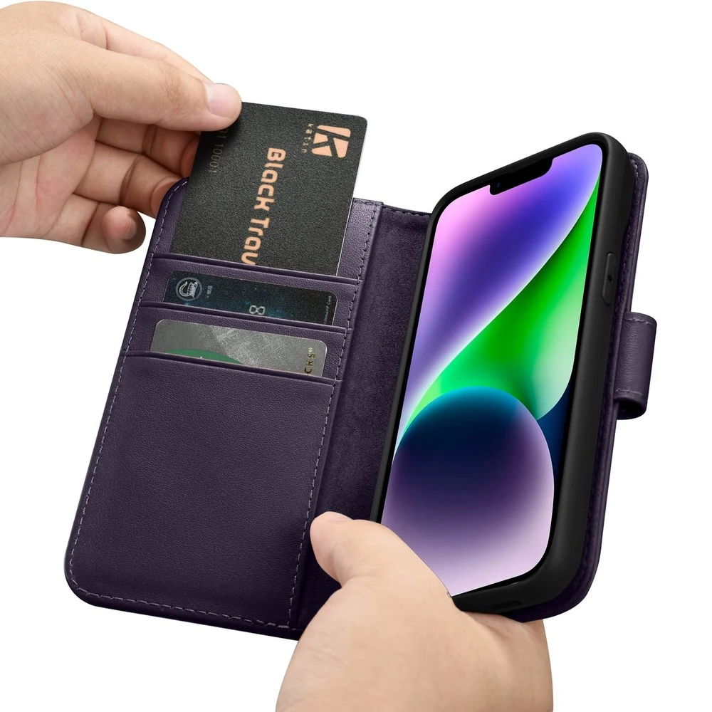 iCarer Wallet 2in1 Apple iPhone 14 Plus Anti-RFID Leather atverčiamas Dark dėklas telefonui violetinės spalvos (WMI14220727-DP)